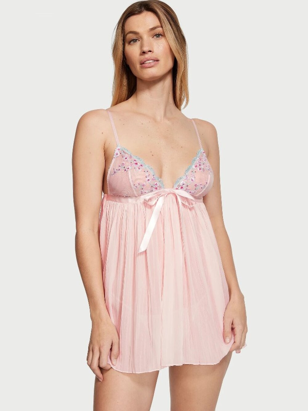 Victoria's Secret Cherry Blossom Embroidery Pleated Babydoll Set Medium